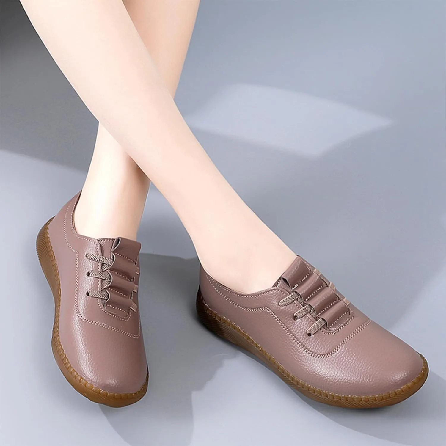 Women's Genuine Leather Soft Bottom Flat Loafers,Elastic Drawstring Slip On Breathable Non-Slip Casual Walking Work Shoes Comfort Mom Shoes