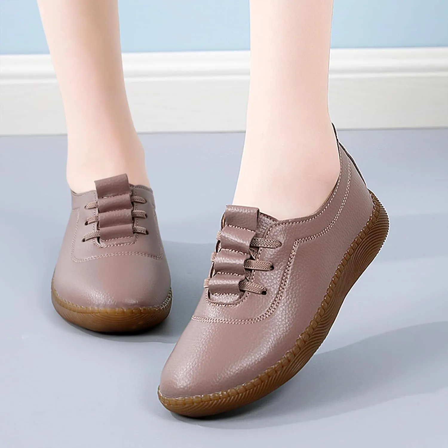 Women's Genuine Leather Soft Bottom Flat Loafers,Elastic Drawstring Slip On Breathable Non-Slip Casual Walking Work Shoes Comfort Mom Shoes