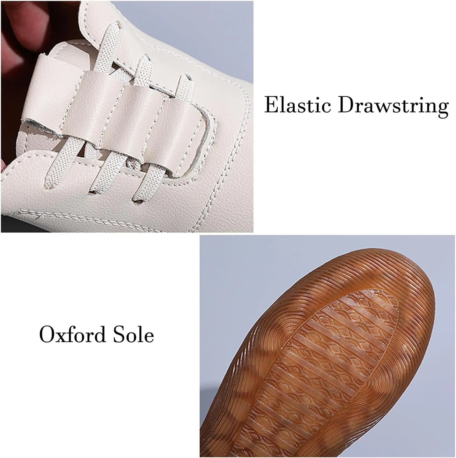 Women's Genuine Leather Soft Bottom Flat Loafers,Elastic Drawstring Slip On Breathable Non-Slip Casual Walking Work Shoes Comfort Mom Shoes
