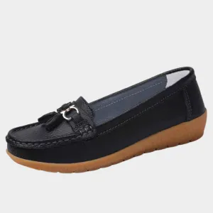 Women's Leather Loafers - Slip-On Tassel Moccasins - Soft Wedge Sole Casual Shoes - Multiple Colours