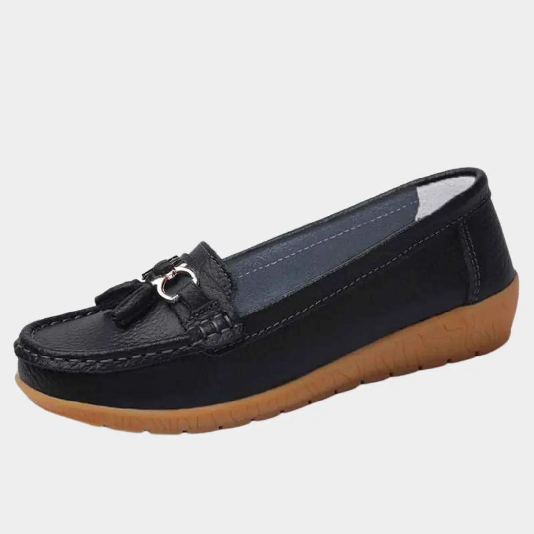 Women's Leather Loafers - Slip-On Tassel Moccasins - Soft Wedge Sole Casual Shoes - Multiple Colours