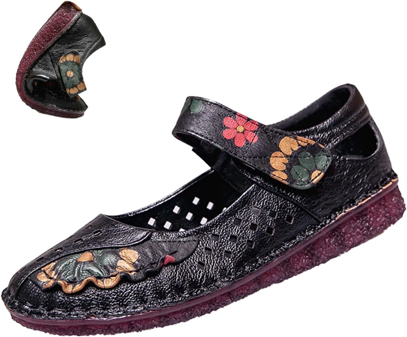 Women's Mary Jane Flats,Comfy Vintage Floral Print Leather Non-Slip Ox Softsole Adjustable Walking Casual Dress Shoes