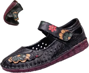 Women's Mary Jane Flats,Comfy Vintage Floral Print Leather Non-Slip Ox Softsole Adjustable Walking Casual Dress Shoes