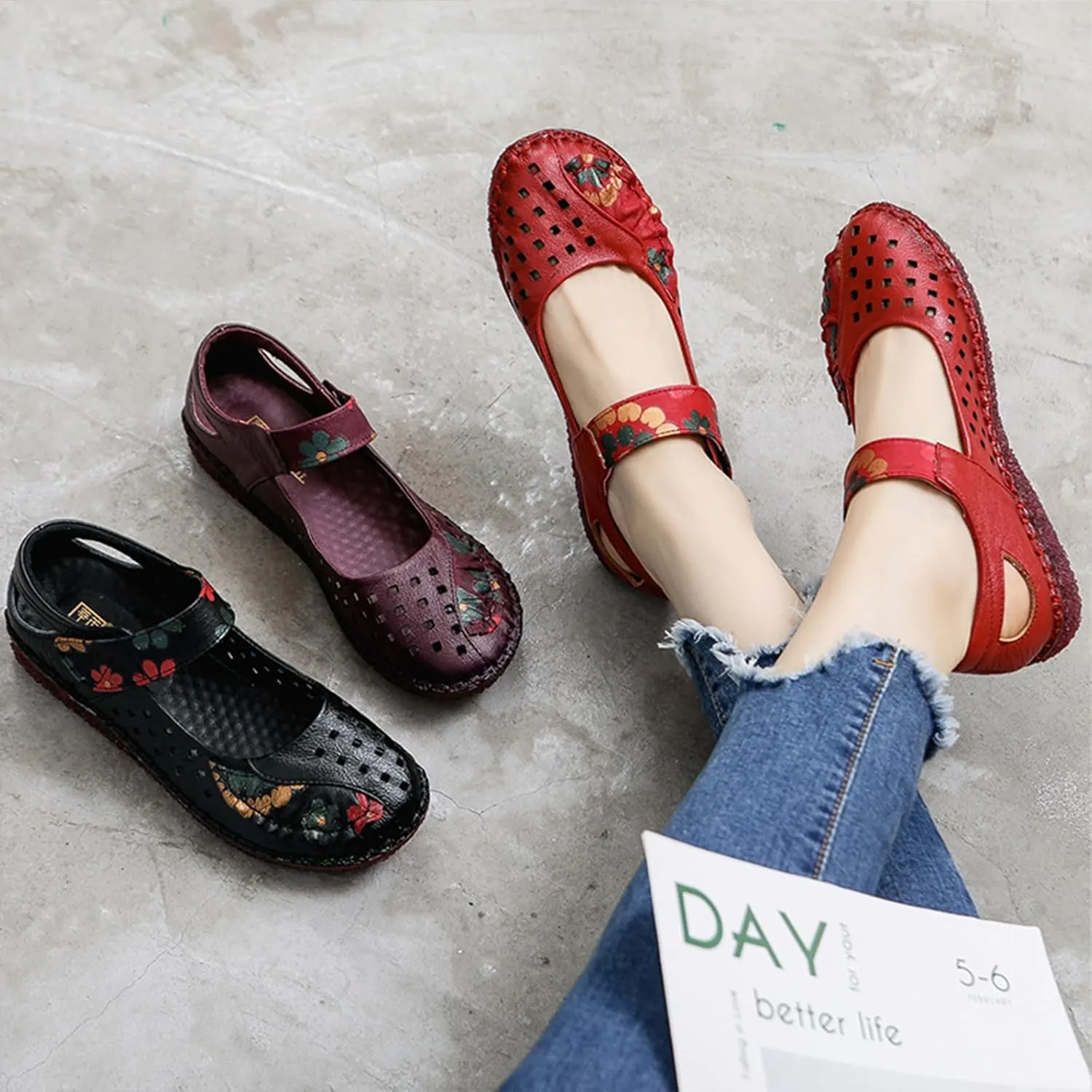 Women's Mary Jane Flats,Comfy Vintage Floral Print Leather Non-Slip Ox Softsole Adjustable Walking Casual Dress Shoes