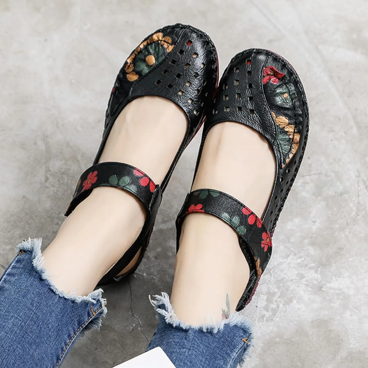 Women's Mary Jane Flats,Comfy Vintage Floral Print Leather Non-Slip Ox Softsole Adjustable Walking Casual Dress Shoes