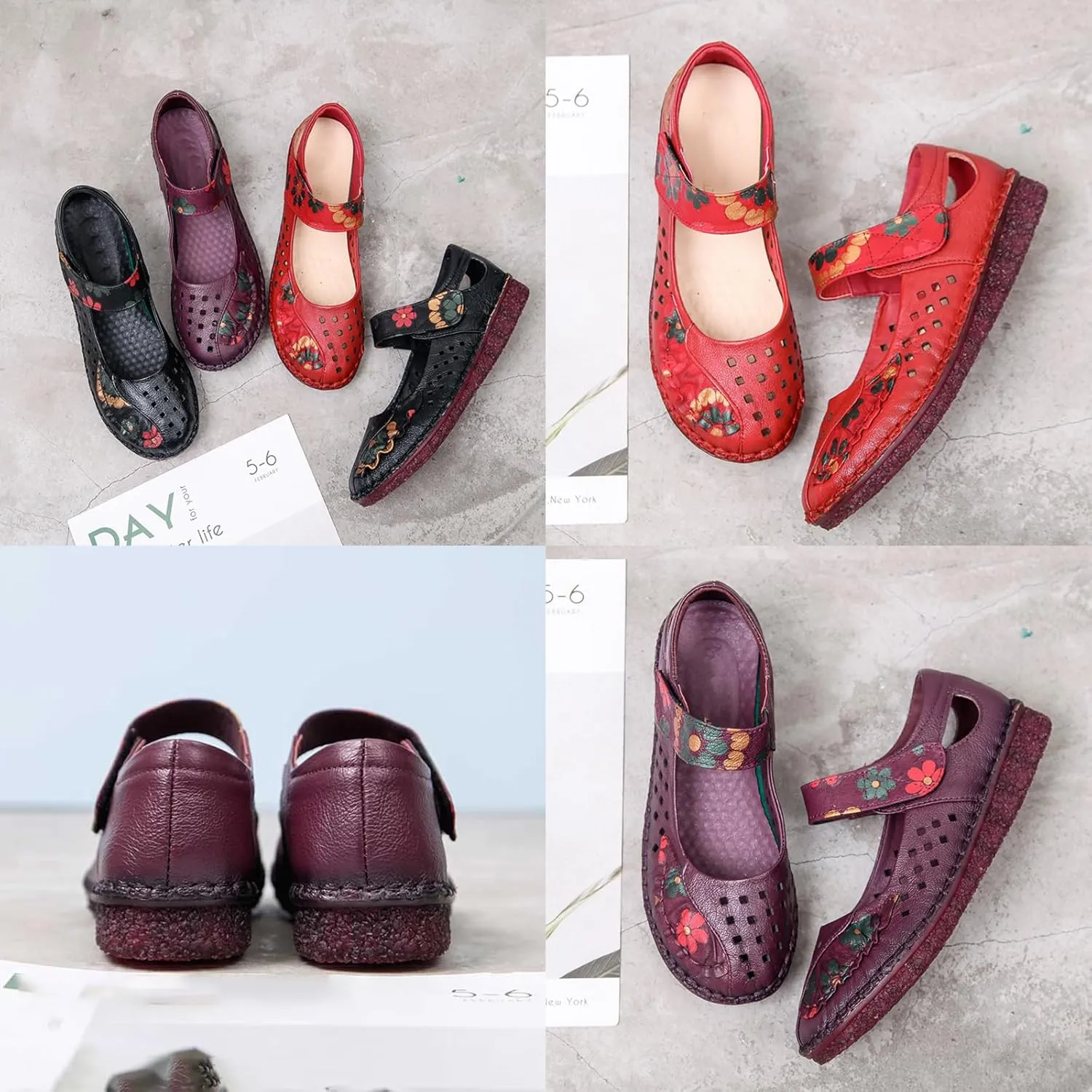 Women's Mary Jane Flats,Comfy Vintage Floral Print Leather Non-Slip Ox Softsole Adjustable Walking Casual Dress Shoes
