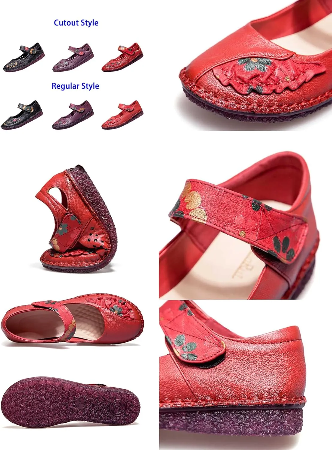 Women's Mary Jane Flats,Comfy Vintage Floral Print Leather Non-Slip Ox Softsole Adjustable Walking Casual Dress Shoes