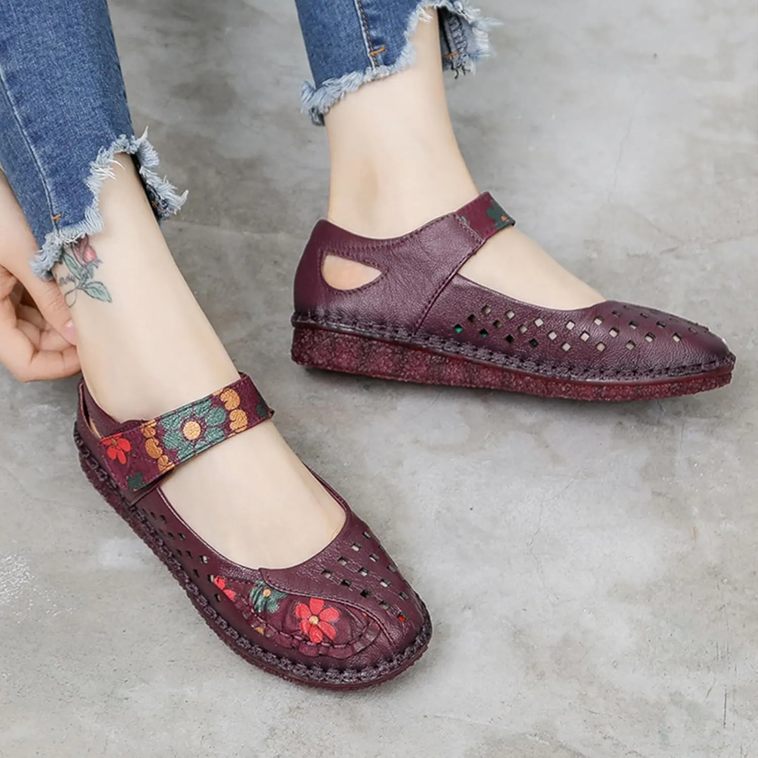 Women's Mary Jane Flats,Comfy Vintage Floral Print Leather Non-Slip Ox Softsole Adjustable Walking Casual Dress Shoes