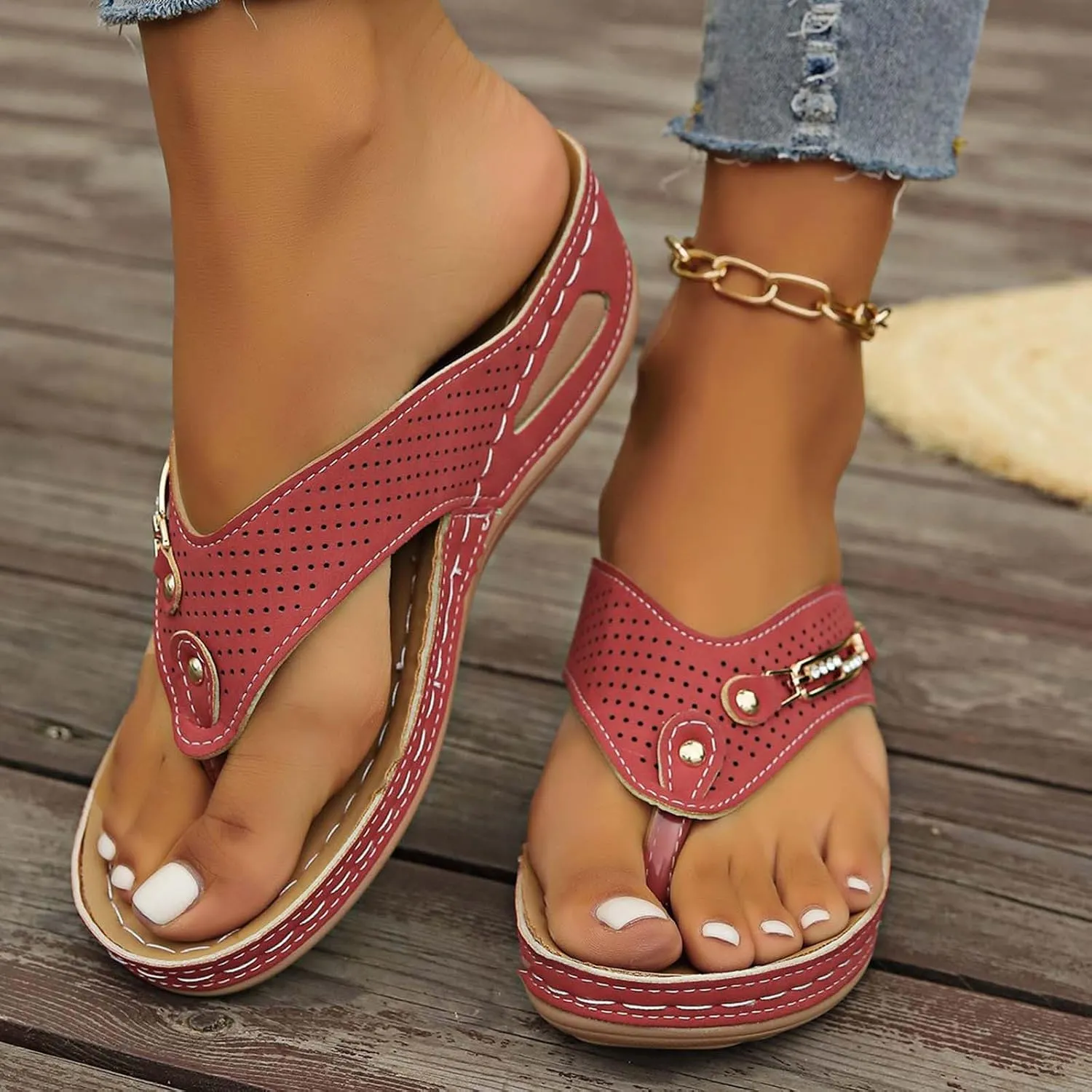 Women's New Casual Sandals Metal Button Wedge Heel Sandal with Arch Support Mat Comfortable Summer Walking Slippers