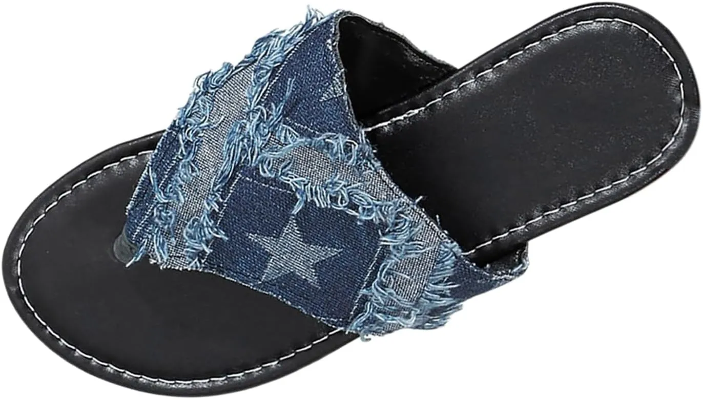 Women's Sandals Criss Cross Denim Sandals Open Toe Slip on Slide Flats Slippers Travel Star Pattern Vacation Shoes