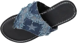 Women's Sandals Criss Cross Denim Sandals Open Toe Slip on Slide Flats Slippers Travel Star Pattern Vacation Shoes