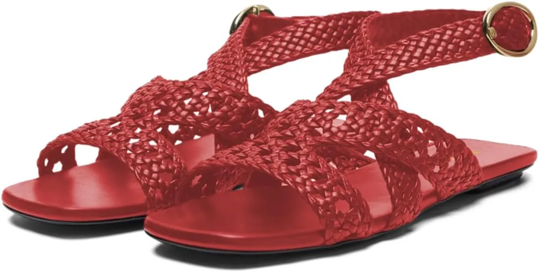 YDN Women's Square Open Toe Braid Strappy Flats Ankle Strap with Buckle Summer Comfy Low Heels Shoes Size 4-16 US