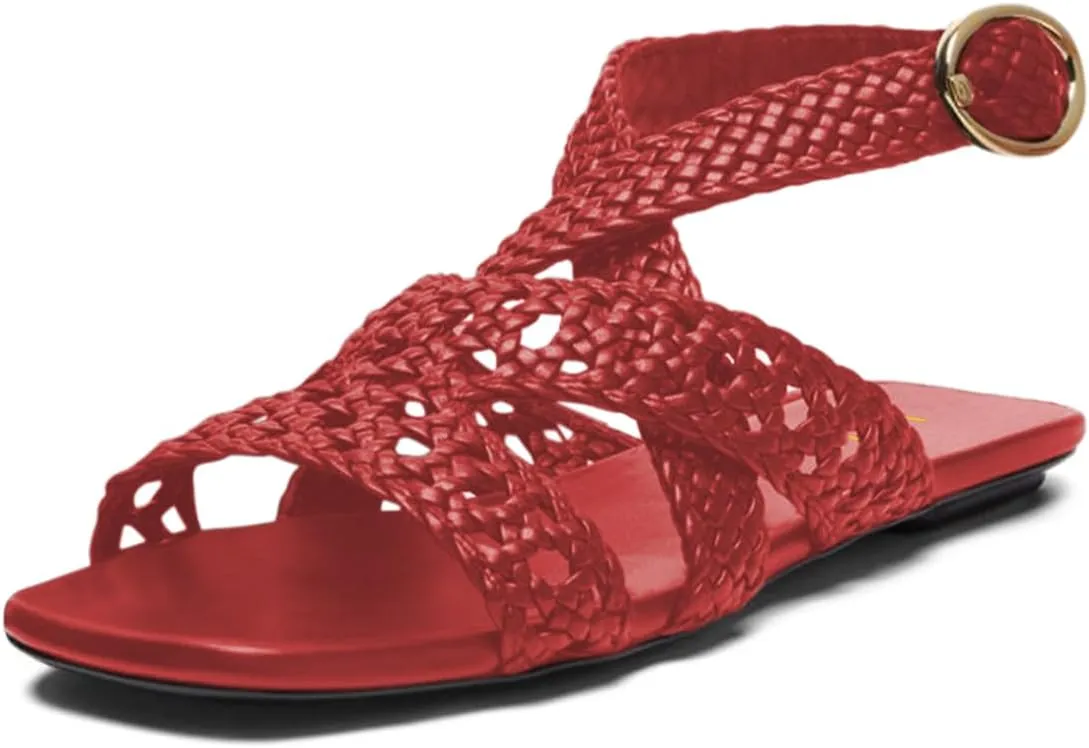 YDN Women's Square Open Toe Braid Strappy Flats Ankle Strap with Buckle Summer Comfy Low Heels Shoes Size 4-16 US