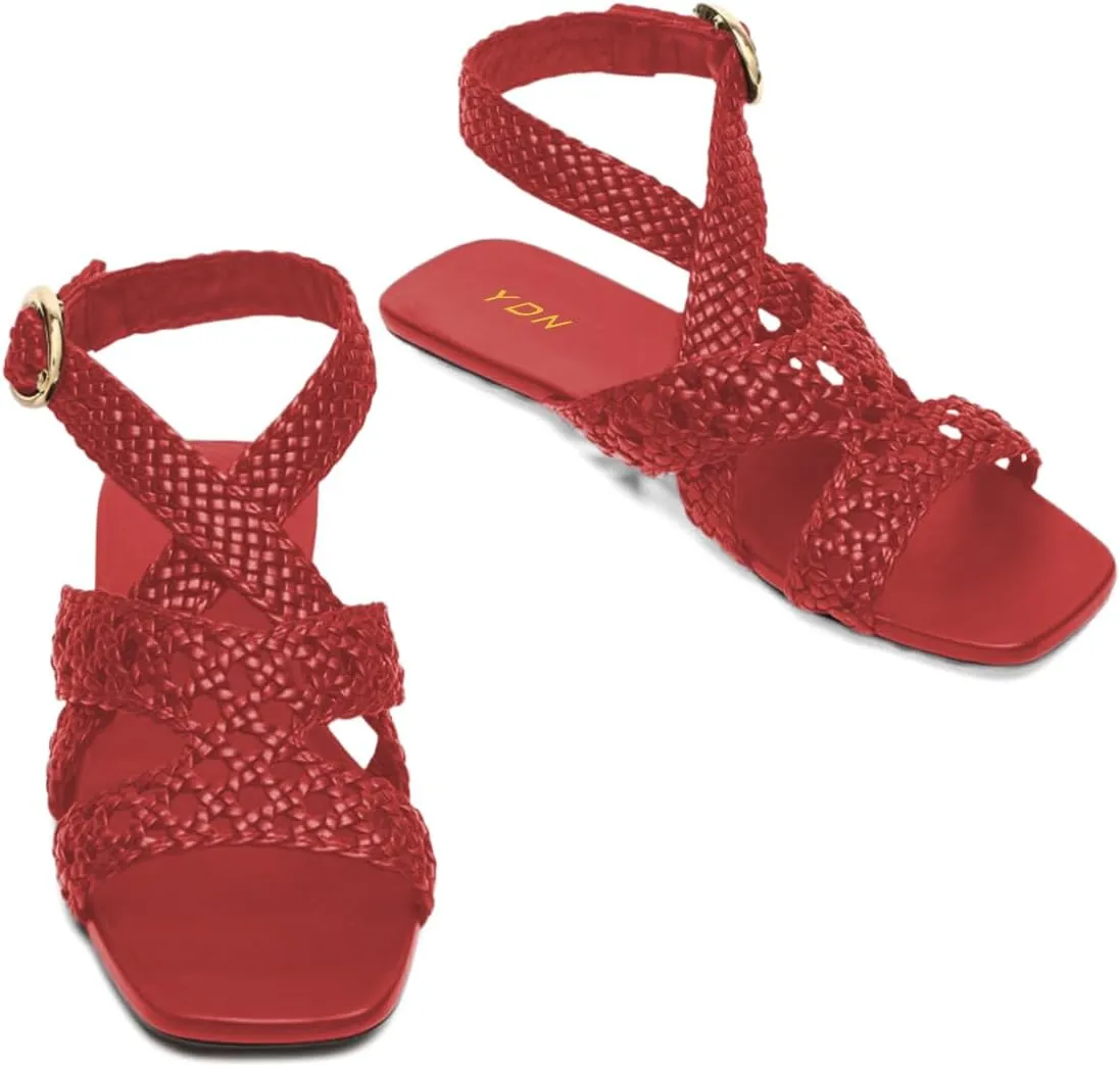 YDN Women's Square Open Toe Braid Strappy Flats Ankle Strap with Buckle Summer Comfy Low Heels Shoes Size 4-16 US