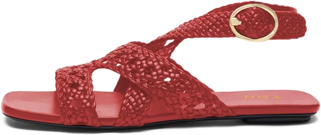 YDN Women's Square Open Toe Braid Strappy Flats Ankle Strap with Buckle Summer Comfy Low Heels Shoes Size 4-16 US