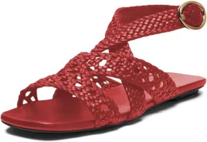 YDN Women's Square Open Toe Braid Strappy Flats Ankle Strap with Buckle Summer Comfy Low Heels Shoes Size 4-16 US